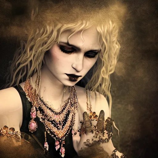 Image similar to A portrait of a Gothic goddess of floral jewels in an empty land, dark and mysterious, lively atmospheric, cinematic, 8k, 4k, ultra detail, ultra-realistic, rendered by DeviantArt