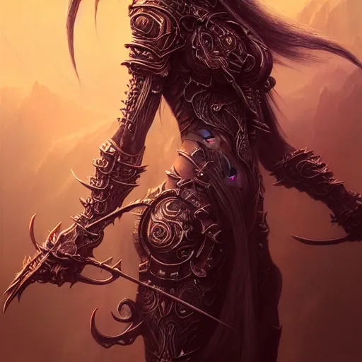 Image similar to a highly detailed long shot photo of chthonic warcraft female character by ayami kojima, beksinski, giger, intricate, digital painting, artstation, intricate, concept art, smooth, sharp focus, illustration