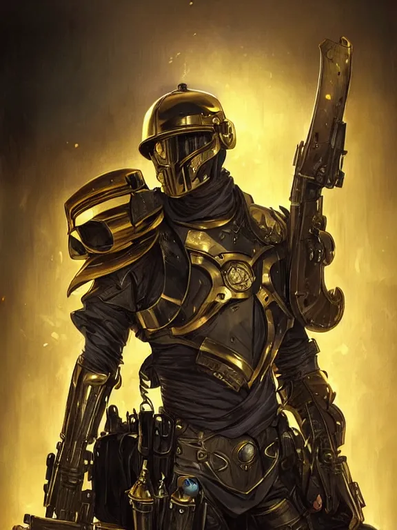 Prompt: picture of city enforcer, male, armor, helmet, steampunk tech, black and gold, grimdark, digital painting, highly detailed, smooth, sharp contrast, digital paintin, by artgerm and greg rutkowski and alphonse mucha, comic cover art