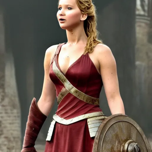 Image similar to first photos of 2 0 2 4 female 3 0 0 remake - jennifer lawrence as leonidas, put on 5 0 pounds of muscle, ripped, ( eos 5 ds r, iso 1 0 0, f / 8, 1 / 1 2 5, 8 4 mm, postprocessed, crisp face, facial features )