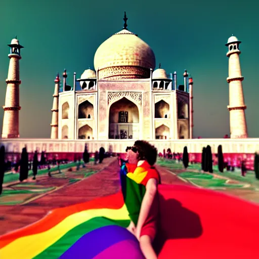 Prompt: photo of gay pride at ( ( ( ( taj mahal ) ) ) ), cinematic color grading, soft light, faded colors, well framed, sharp focus, 8 k
