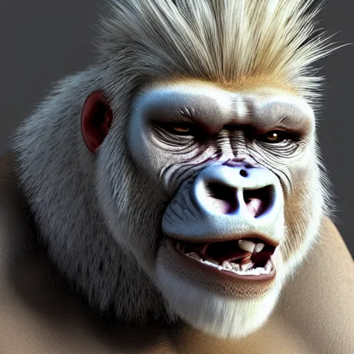 Image similar to angry tough albino gorilla, punk gorilla with mohawk hair. interesting 3 d character concept by tiger hkn and gediminas pranckevicius, game art, hyper detailed, character modeling, cinematic, final fantasy, video game character concept, ray tracing, fur details, maya, c 4 d