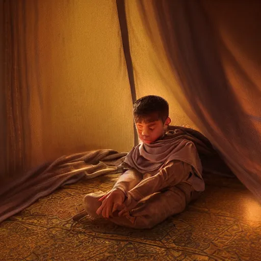 Prompt: Beautiful hyperrealistic detailed matte portrait painting of 12 year old middle eastern skinned boy with short hair and Biblical clothing sleeping. Interior of ancient tent. Nightime. Light rays shine onto his body. post processing, ultra detailed, trending on artstation