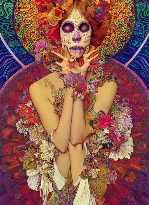 Image similar to realistic detailed psychedelic poster art of a cute fractal Día de los Muertos girl dancing by Victor Moscoso Rick Griffin Alphonse Mucha Ayami Kojima Amano Charlie Bowater, masterpiece