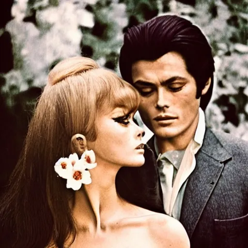 Image similar to 1 9 6 0 s symmetrical pretty elegant brigitte bardot as a vampire with alain delon, very detailed intricate style of takato yamamoto lots of flowers