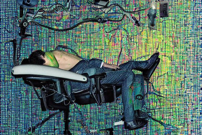 Image similar to man laying on a dentist's chair connected to a machine in a room filled with computer cables and organic material by nikita panin and din burns and phosphor, glitch art, large patches of colors, high contrast, intricate, hyper detailed