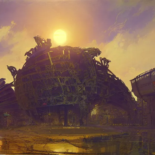 Prompt: painting of syd mead artlilery scifi organic shaped skyscraper with ornate metal work lands on a farm, fossil ornaments, volumetric lights, purple sun, andreas achenbach