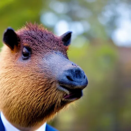 Image similar to a high detail photo of an antropomorphic capybara wearing a suit, subject= duck, subject detail: wearing a suit, photorealism