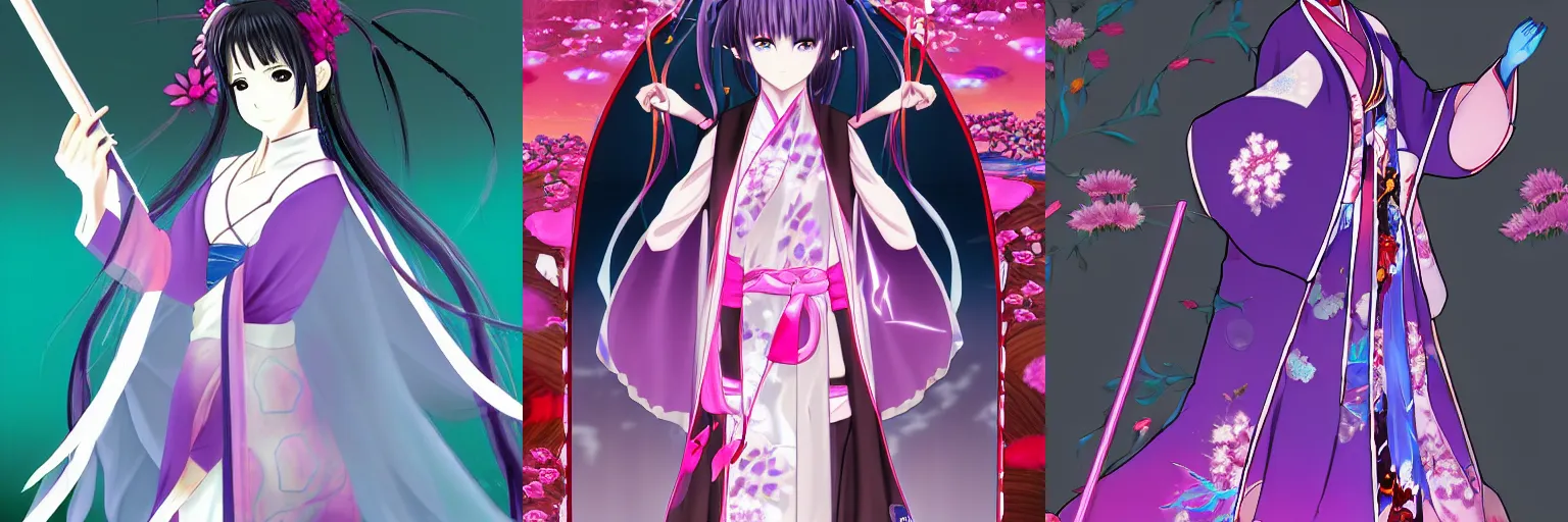 Prompt: shiki third personality as the avatar of a higher-dimensional being in nasuverse universe, wears a bright clear kimono with a graceful gesture, showing discernment, but full of affection, holding long katana, with her mystical death of perception eyes active , hyperdetailed, matte painting, concept art