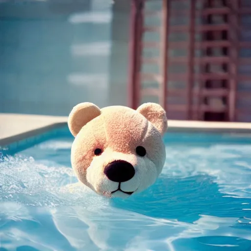 Prompt: photo of teddy bear in swimming pool cinestill, 800t, 35mm, full-HD