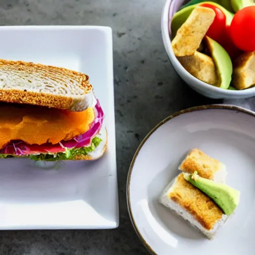 Image similar to sandwich with fried tofu, one red tomato slice, mayo, onion, avocado, melted cheddar, in a red dish, background saturn and stars in the sky