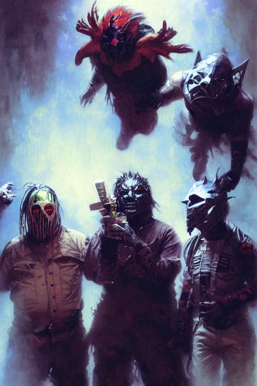 Prompt: slipknot band portrait dnd, painting by gaston bussiere, craig mullins, greg rutkowski, yoji shinkawa