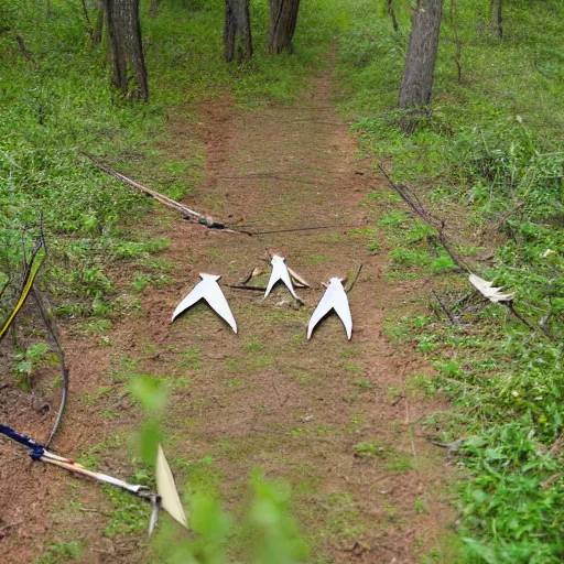 Prompt: two dead horses with many arrows on their body, lying on the woods path, dense thickets on each side, photo, 8 k