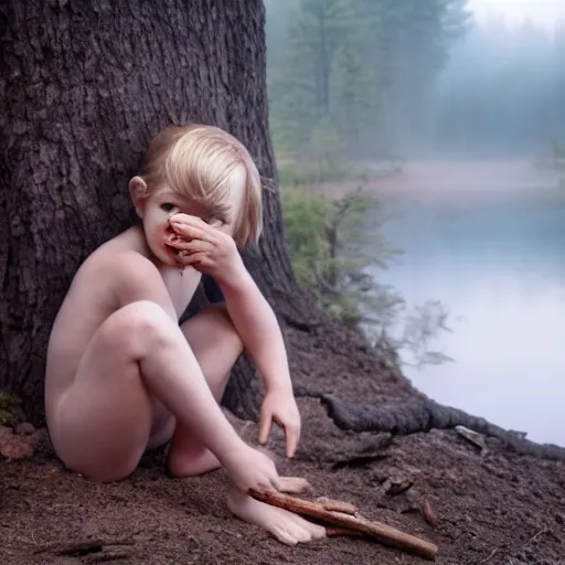 Prompt: pale, scared, shirtless, kid rock hiding with a barbie in his hands. twilight, foggy. photo 8 k.