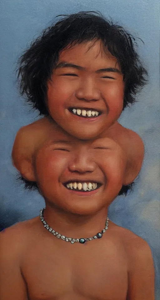 Image similar to oil portrait of a teenage chubby filipino boy smiling with crooked teeth, with a curly perm, and with small studded earings, 4 k, photorealistic, high detail