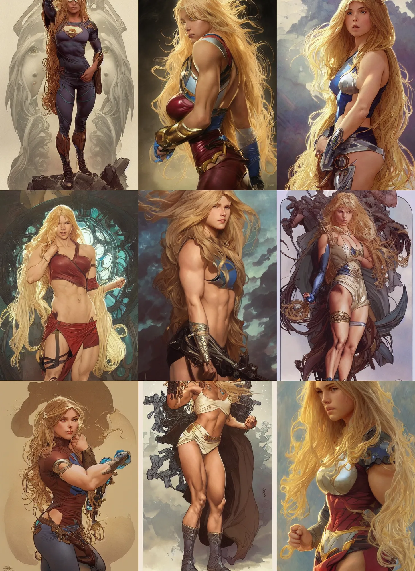 Image similar to a very muscled and young superhero girl with a focused face and extremely long blonde wavy hair, intricate detailed face, artgerm, greg rutkowski, alphonse mucha