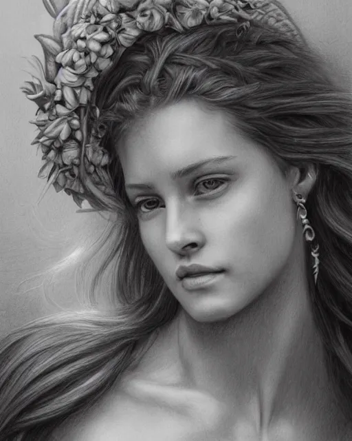 Image similar to pencil drawing of a beautiful greek goddess aphrodite wearing a laurel wreath and arrowhead earrings, beautiful confident and piercing eyes, beautiful flowing hair, hyper realistic face, in the style of greg rutkowski, fantasy, amazing detail, epic, elegant, smooth, sharp focus, from the front