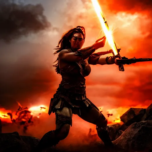 Image similar to a photograph of the goddess of war in the battlefield, action movie, movie still, cinematic, filmic, dramatic, dramatic lighting