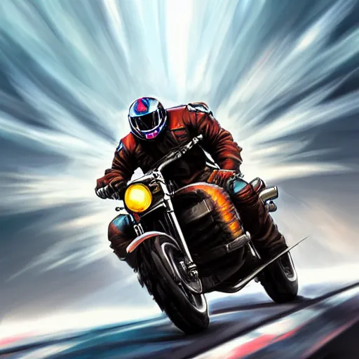 Image similar to colorful airbrush artwork, motorcycle, stylized action shot of an orc biker riding a motorcycle, drifting, skidding, wheelie, clear focused details, soft airbrushed artwork, black background, cgsociety, artstation