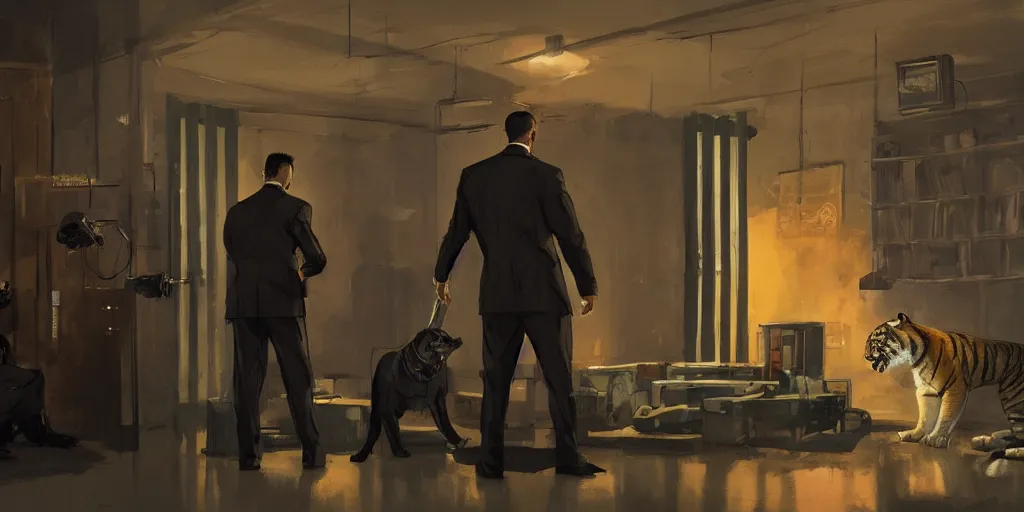 Image similar to a tiger in a suit is being interrogated by a detective dog at the police station, zenith view, warm color palette, night time, dramatic lighting, noir film, fine details, high contrast, blacksad, kim jung gi, greg rutkowski, trending on artstation, 8 k, ultra wide angle