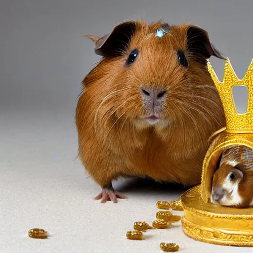 Prompt: A guinea pig with a golden crown with smaller guinea pigs bowing