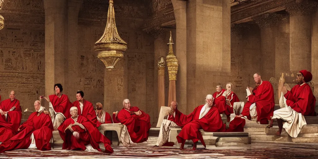 Prompt: ancient senators in red and white robes sit in tribunes, egyptian teal mosaic background, highly detailed, beautiful cinematic light deep focus, elegant, digital painting, smooth, sharp focus, golden ratio, dramatic illumination, art by aleksi briclot, rutkowski and caravaggio