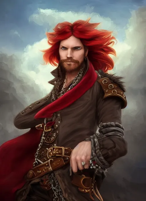 Image similar to portrait of a male pirate with flowing red hair!!!!!!, handsome, side profile, Steampunk airship!!!!!!!, D&D, fantasy, simple clothing!!!!, elegant, highly detailed, digital painting, deviantart, artstation, concept art, sharp focus, illustration, art by Artgerm and Greg Rutkowski and Alphonse Mucha