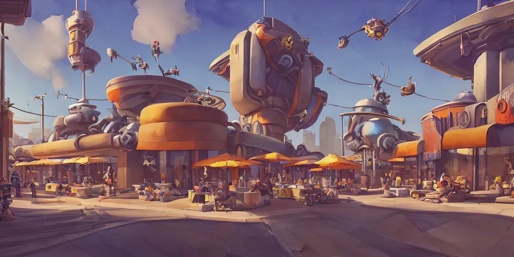 Image similar to overwatch building, stylized, exterior, architecture, in watercolor gouache detailed paintings, insanely detail, artstation, 8 k, futuristic, big medium small, arcane, simon stalenhag, food stall, interesting shapes & form, golden ratio, megastructures, vitaly bulgarov, mall, elites, clean