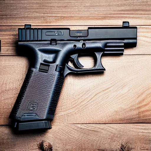 Image similar to a mefium shot photograph of a glock 18 on a wooden background