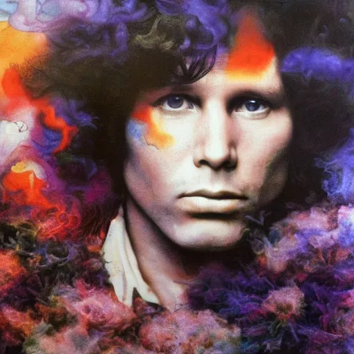 Prompt: colour masterpiece surreal closeup portrait photography jim morrison by miho hirano and annie leibovitz and michael cheval, psychedelic smoke background, 8 k