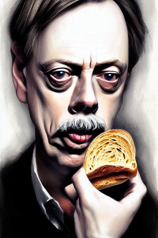 Image similar to beautiful portrait half steve buscemi wearing sourdough bread, by greg rutkowski