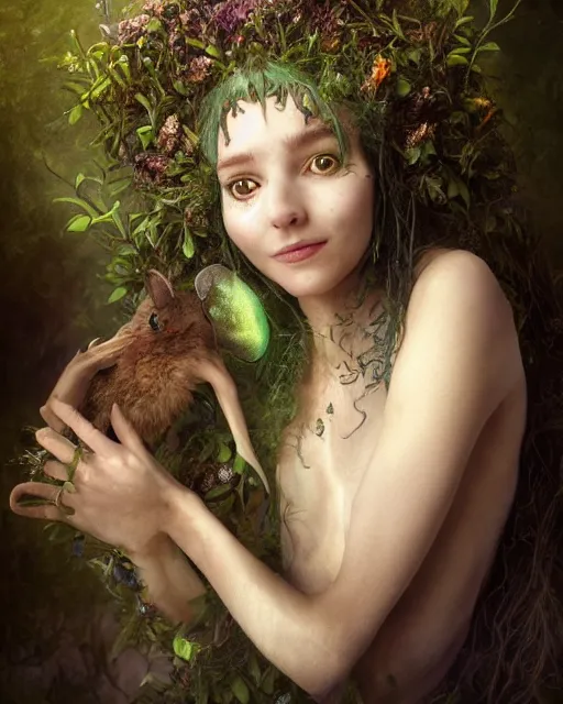 Image similar to dryad musician with a mysterious smile, inspired by brian froud, portrait, accompanied by a cute feathered mouse, studio lighting by jessica rossier and brian froud and gaston bussiere