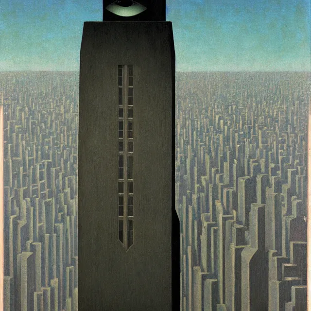 Image similar to blade runner dystopia by rene magritte, in the style of magritte