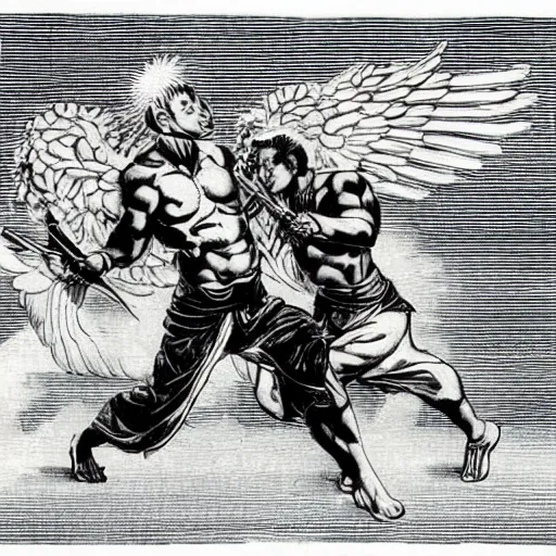 Image similar to an angel and a demon dressed as yakuza, battling for supremacy over earth with katanas and guns, by edward poynter