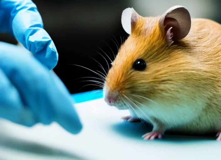 Image similar to film still of a hamster working in a research lab finding the cure for cancer, 8 k