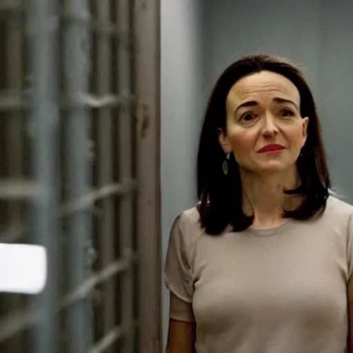 Prompt: Movie still of Sheryl Sandberg in Supermax prison in Facebook The Movie, directed by Steven Spielberg