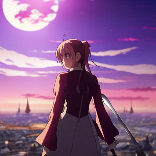 Prompt: emma watson in heavens feel movie, demon slayer, ufotable, kyoani, high quality, key visual, cinematic, city background, night time, rooftop, fate stay night, unlimited blade works, greg rutkowski, extreme close up, rin outfit, anime, high angle, high budget