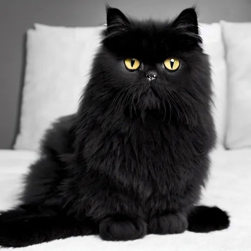 Image similar to national geographic photograph of a black persian cat sitting in a white room