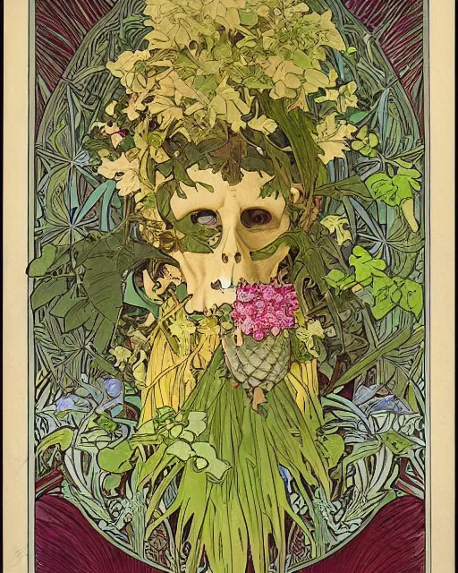 Image similar to Poster of an ancient silve skull with pineapple leaves growing out of the top art surrounded by varities of vines and flowers, cell shading, by Alphonse Mucha, Moebius, hiroshi yoshida, Art Nouveau, colorful, ultradetailed, vivid colour, 3d