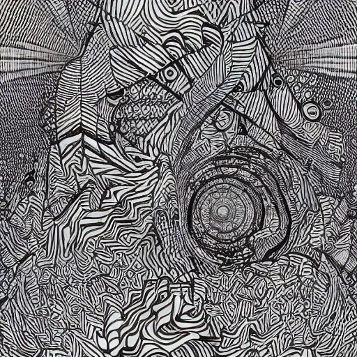 Prompt: Geometrically surreal landscape, extremely high detail, photorealistic, intricate line drawings, dotart, album art in the style of James Jean