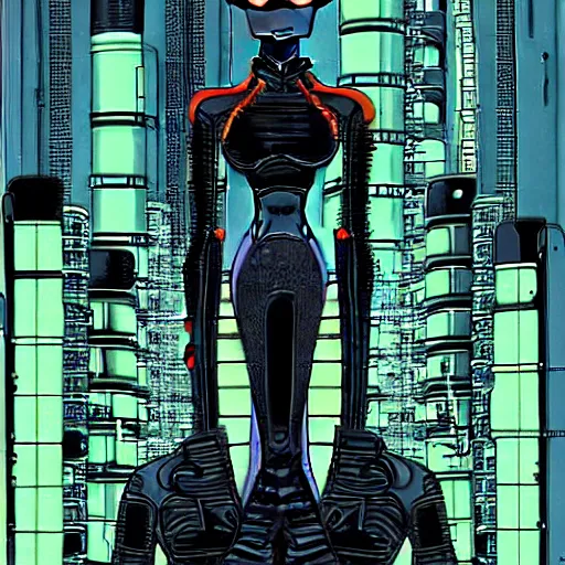 Image similar to portrait bender from futurama in futuristic city, by tsutomu nihei, by h. r. giger