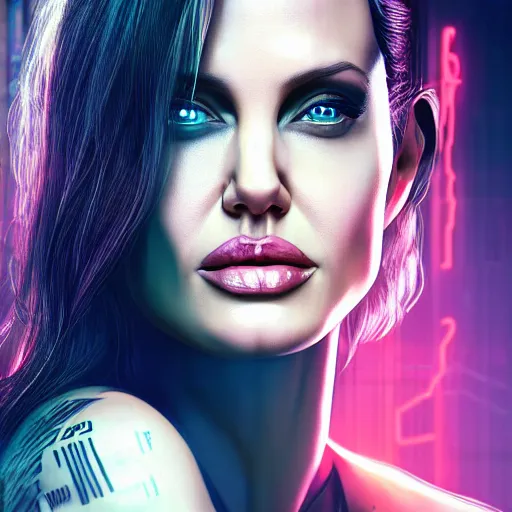Image similar to angelina jolie portrait, Cyberpunk 2077, cyberpsycho, photorealistic, ultra detailed, neon, octane, bokeh, cyber, cyberpunk city, feature, scars, cyberface, 8k