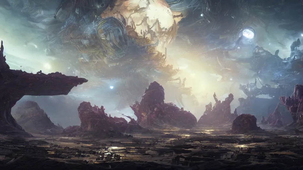 Image similar to strange atmospheric alien planet, an empire in upheaval by yoann lossel and stephan martiniere, cinematic matte painting