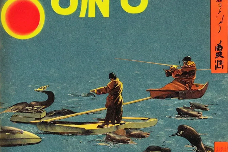 Image similar to 1 9 7 9 omni magazine cover of japanese cormorant fishing near tokyo. art in cyberpunk style by dali, and vincent di fate