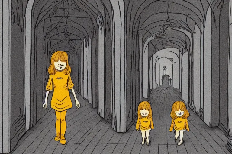 Prompt: scary ginger twin girls standing in an endless hallway, illustration, cute but scary, digital art, unique, trending on artstation, artistic, symmetrical, inspired by wes anderson