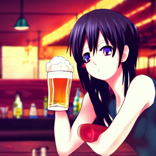 Prompt: Masculine looking anime girl at a bar drinking a beer, warm glow from the lights, angle that looks up at her from below, deviantart, pixiv, detailed face, smug appearance, beautiful anime, obviously drunk with reddish cheeks