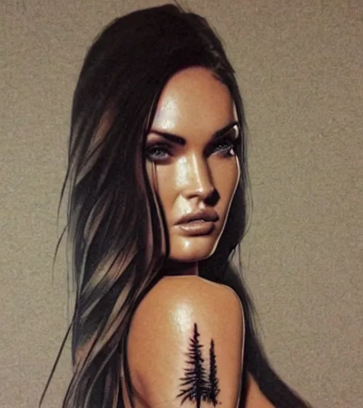 Image similar to double exposure effect tattoo design sketch of megan fox with beautiful mountain scenery, realism tattoo, in the style of matteo pasqualin, amazing detail, sharp