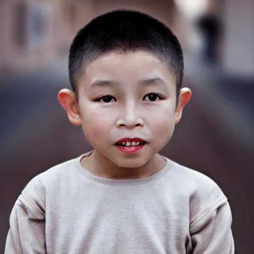 Image similar to cinematic still light skin french - vietnamese 6 year old boy in star wars, slight underbite, heart shaped face, round cheeks, crew cut hair