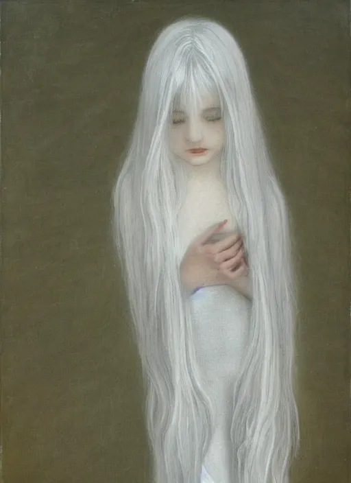 Image similar to thin young beautiful angel with silver hair so long, pale!, wearing silver hair, silver angel wings, wan adorable korean face, silver hair!!, style of fernand khnopff and lucien levy - dhurmer, oil on canvas, 4 k resolution, aesthetic!,