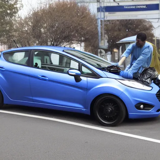 Prompt: crackhead destroying a blue 2013 ford fiesta